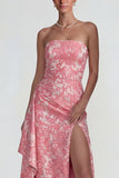 Blush Jacquard Ruffled Strapless Sheath Long Formal Dress with Slit
