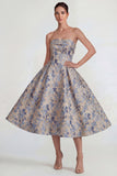 Grey Blue Jacquard Strapless A Line Midi Dress with Back Zipper