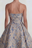 Grey Blue Jacquard Strapless A Line Midi Dress with Back Zipper