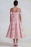 Pink Jacquard Off the Shoulder Corset A Line Midi Dress