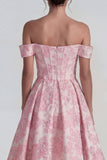 Pink Jacquard Off the Shoulder Corset A Line Midi Dress
