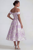 Lilac Jacquard Off the Shoulder A Line Midi Dress