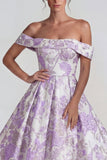 Lilac Jacquard Off the Shoulder A Line Midi Dress
