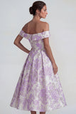 Lilac Jacquard Off the Shoulder A Line Midi Dress