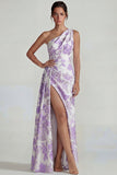 Lilac Jacquard Ruched One Shoulder Sheath Long Formal Dress with Slit