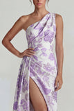 Lilac Jacquard Ruched One Shoulder Sheath Long Formal Dress with Slit