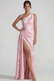 Lilac Jacquard Ruched One Shoulder Sheath Long Formal Dress with Slit