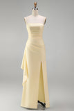Light Yellow Satin Ruched Strapless Sheath Ruffled Long Formal Dress with Slit