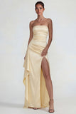Light Yellow Satin Ruched Strapless Sheath Ruffled Long Formal Dress with Slit