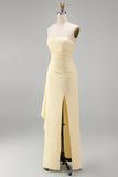 Light Yellow Satin Ruched Strapless Sheath Ruffled Long Formal Dress with Slit