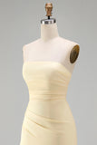 Light Yellow Satin Ruched Strapless Sheath Ruffled Long Formal Dress with Slit