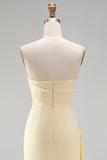 Light Yellow Satin Ruched Strapless Sheath Ruffled Long Formal Dress with Slit
