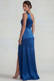 Dark Blue One Shoulder Satin Ruched Sheath Long Formal Dress with Slit