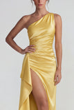 Yellow One Shoulder Ruffled Satin Ruched Sheath Long Formal Dress with Slit