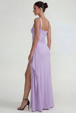 Lilac Square Neck Ruched Satin Sheath Long Formal Dress with Slit