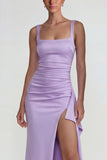 Lilac Square Neck Ruched Satin Sheath Long Formal Dress with Slit