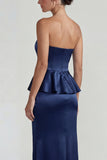 Navy Strapless Ruffled Satin Sheath Long Formal Dress