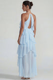 Blue Ruffled Chiffon Halter Tiered A Line Midi Dress