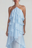 Blue Ruffled Chiffon Halter Tiered A Line Midi Dress
