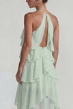 Blue Ruffled Chiffon Halter Tiered A Line Midi Dress