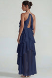 Blue Ruffled Chiffon Halter Tiered A Line Midi Dress
