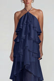 Blue Ruffled Chiffon Halter Tiered A Line Midi Dress