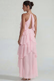 Blue Ruffled Chiffon Halter Tiered A Line Midi Dress