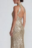 Sparkly Golden Halter Sequins Sheath Long Formal Dress