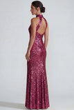 Sparkly Golden Halter Sequins Sheath Long Formal Dress