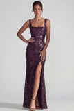 Sparkly Dark Purple Square Neck Sequins Sheath Long Formal Dress with Slit