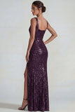 Sparkly Dark Purple Square Neck Sequins Sheath Long Formal Dress with Slit