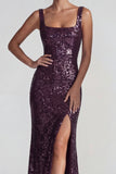 Sparkly Dark Purple Square Neck Sequins Sheath Long Formal Dress with Slit