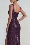 Sparkly Dark Purple Square Neck Sequins Sheath Long Formal Dress with Slit