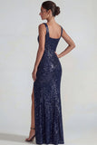 Sparkly Dark Purple Square Neck Sequins Sheath Long Formal Dress with Slit