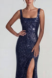 Sparkly Dark Purple Square Neck Sequins Sheath Long Formal Dress with Slit