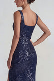 Sparkly Dark Purple Square Neck Sequins Sheath Long Formal Dress with Slit