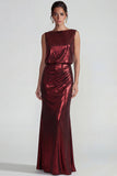 Burgundy Metallic Satin Boat Neck Sheath Long Formal Dress