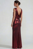 Burgundy Metallic Satin Boat Neck Sheath Long Formal Dress