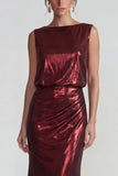 Burgundy Metallic Satin Boat Neck Sheath Long Formal Dress