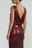 Burgundy Metallic Satin Boat Neck Sheath Long Formal Dress