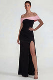 Black Pink Off the Shoulder Sheath Long Formal Dress with Slit
