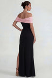 Black Pink Off the Shoulder Sheath Long Formal Dress with Slit