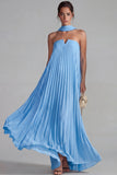 Blue Strapless Chiffon Pleated A Line Long Formal Dress with Ribbon