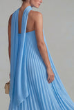 Blue Strapless Chiffon Pleated A Line Long Formal Dress with Ribbon