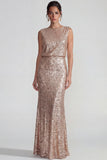 Champagne Sequins Boat Neck Sheath Long Formal Dress with Backless