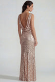 Champagne Sequins Boat Neck Sheath Long Formal Dress with Backless