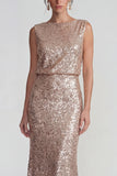 Champagne Sequins Boat Neck Sheath Long Formal Dress with Backless
