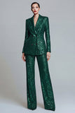 Dark Green Sequins Peak Lapel 2 Piece Double Breasted Women's Prom Suits