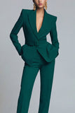 Women's Dark Green Peak Lapel 2-piece Work Suits with Belt