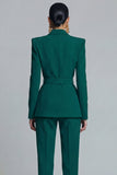 Women's Dark Green Peak Lapel 2-piece Work Suits with Belt